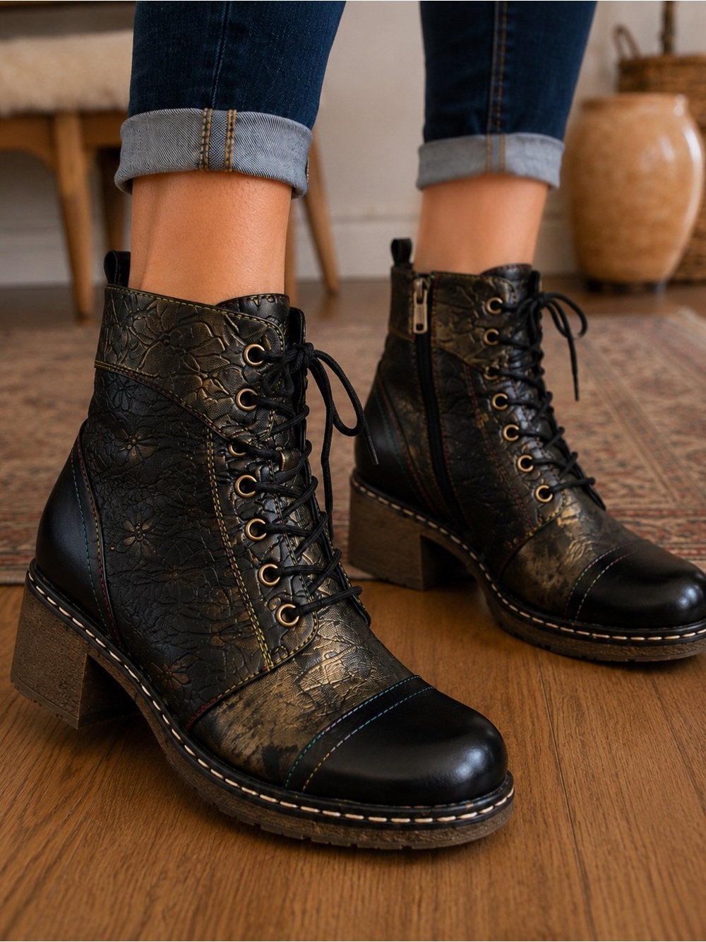 Metallic Black Embossed Leather Lace-Up Ankle Boots